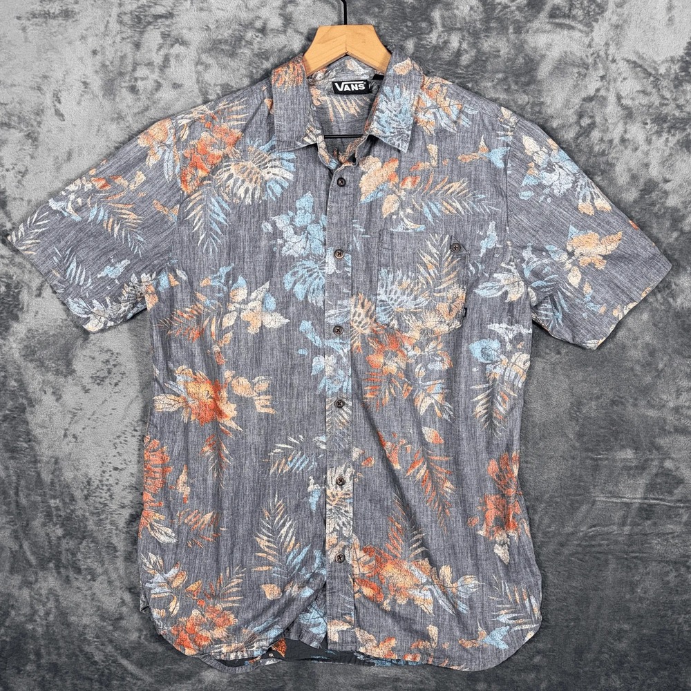 Vans Mens Button Up Shirt M Gray Floral‎ Hawaiian Short Sleeve Cotton Casual
